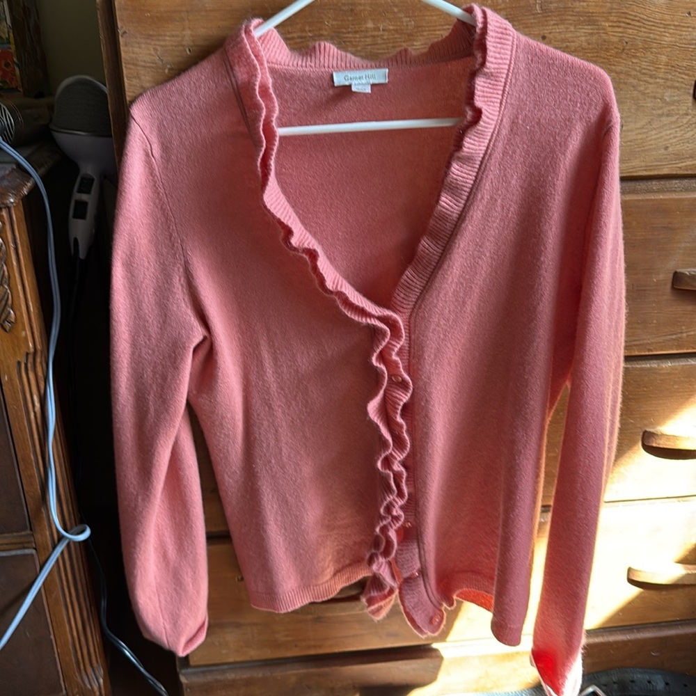 Garnet Hill Women's M Pink Ruffle Trim 100% Cashmere Button Front Cardigan - Picture 2 of 2